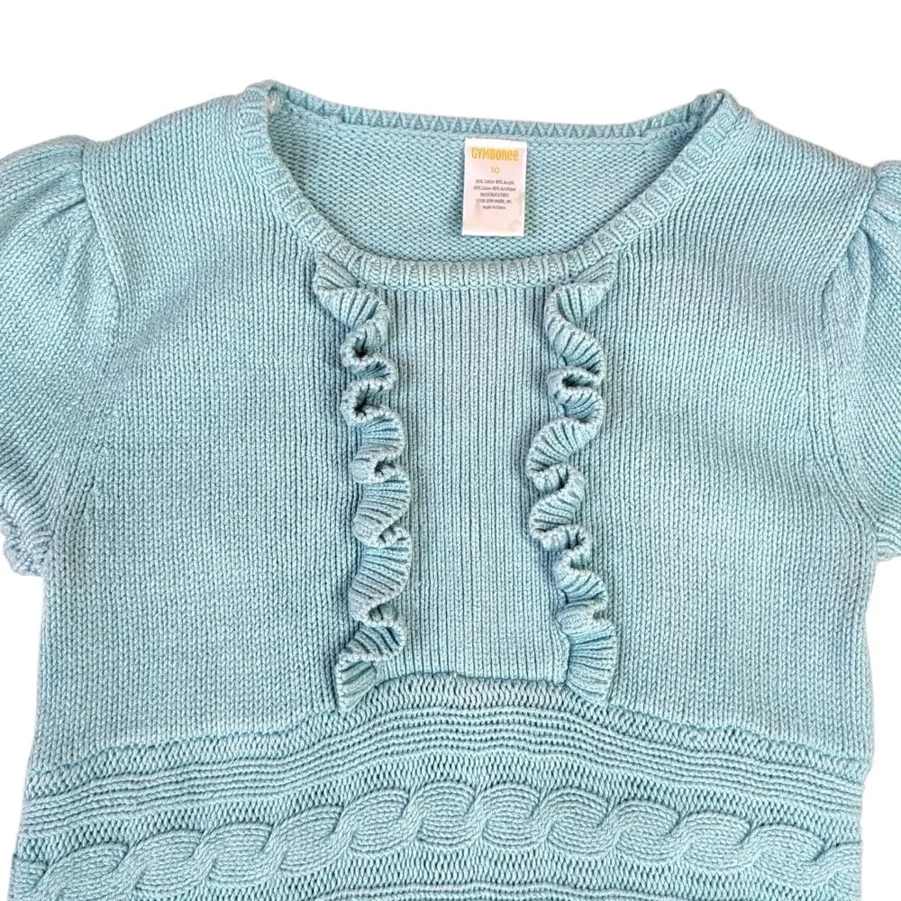 Gymboree Cable Knit Sweater Dress Girls Size 10 Aqua Blue Short Sleeve Ruffle